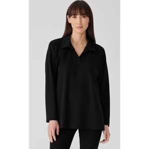 Eileen Fisher Pima Cotton Stretch Jersey Classic Collar Top Black Medium